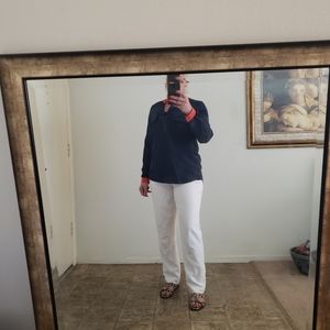 Vince silk navy blue with orange detailing blouse, pre loved, few stains